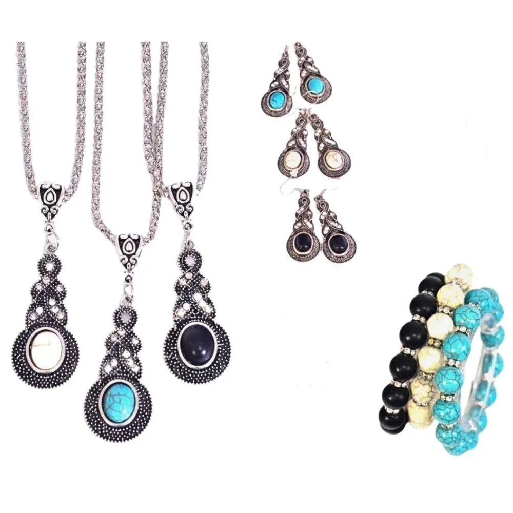 3 Sets of Silver Earrings Bracelet & Necklace Set Natural Stone & Crystals - Picture 4 of 7